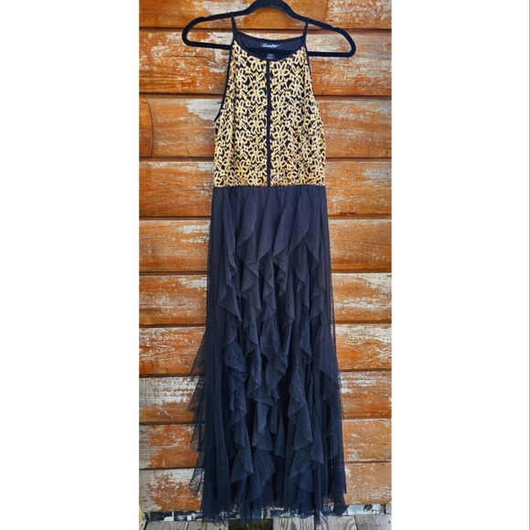 Candalite Long Maxi Halter Formal Dress Gold Lace & Gems Ruffle Black Bottom - Picture 1 of 11